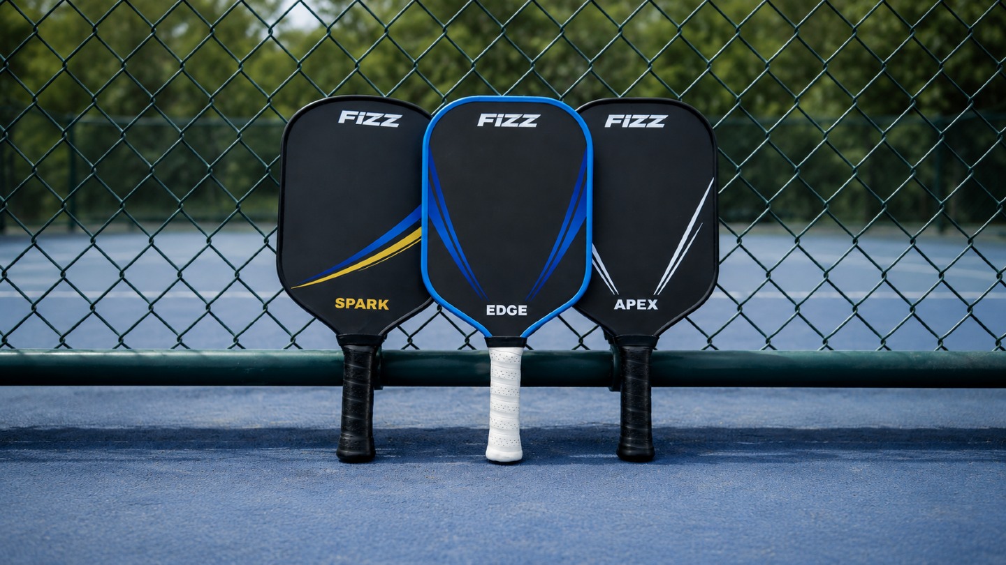 The three FIZZ paddles — SPARK, EDGE and APEX — standing courtside